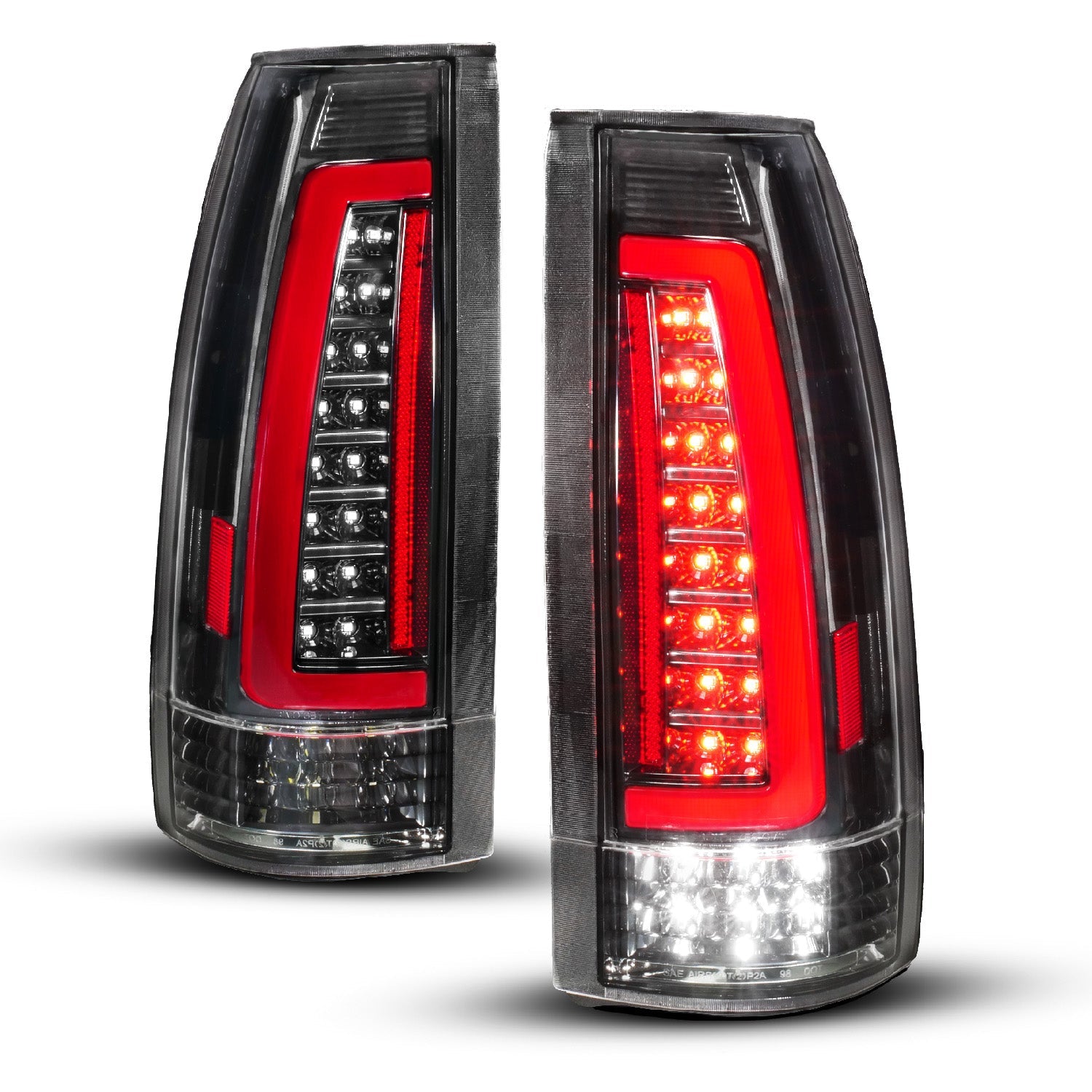 CHEVY/GMC C/K 1500/2500 88-98 / C/K 3500 88-00 / SUBURBAN 92-99 / TAHOE 95-99 / BLAZER (FULL SIZE) 92-94 / YUKON 92-99 / CADILLAC ESCALADE 99-00 LED TAIL LIGHTS BLACK HOUSING CLEAR LENS (SEQUENTIAL SIGNAL)
