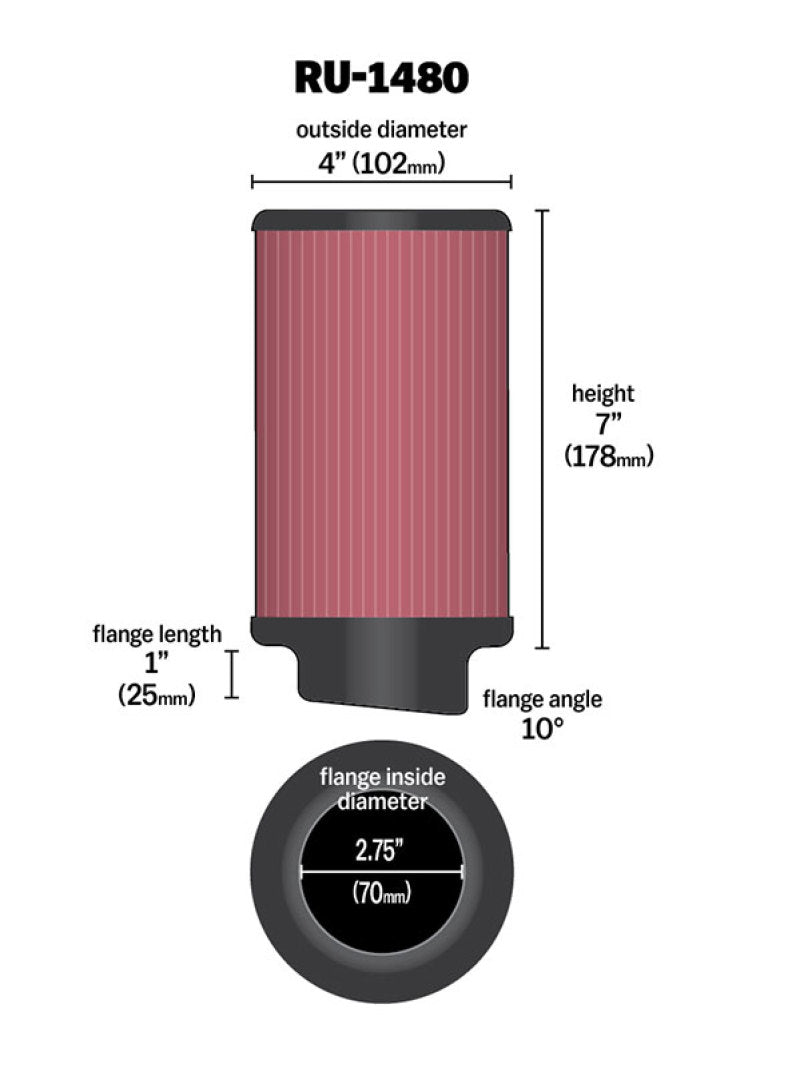 K&N Filter Universal Rubber Filter 10 Degree Flange Angle 4in OD x 2.75in Flange ID x 7in H-SR1 Performance