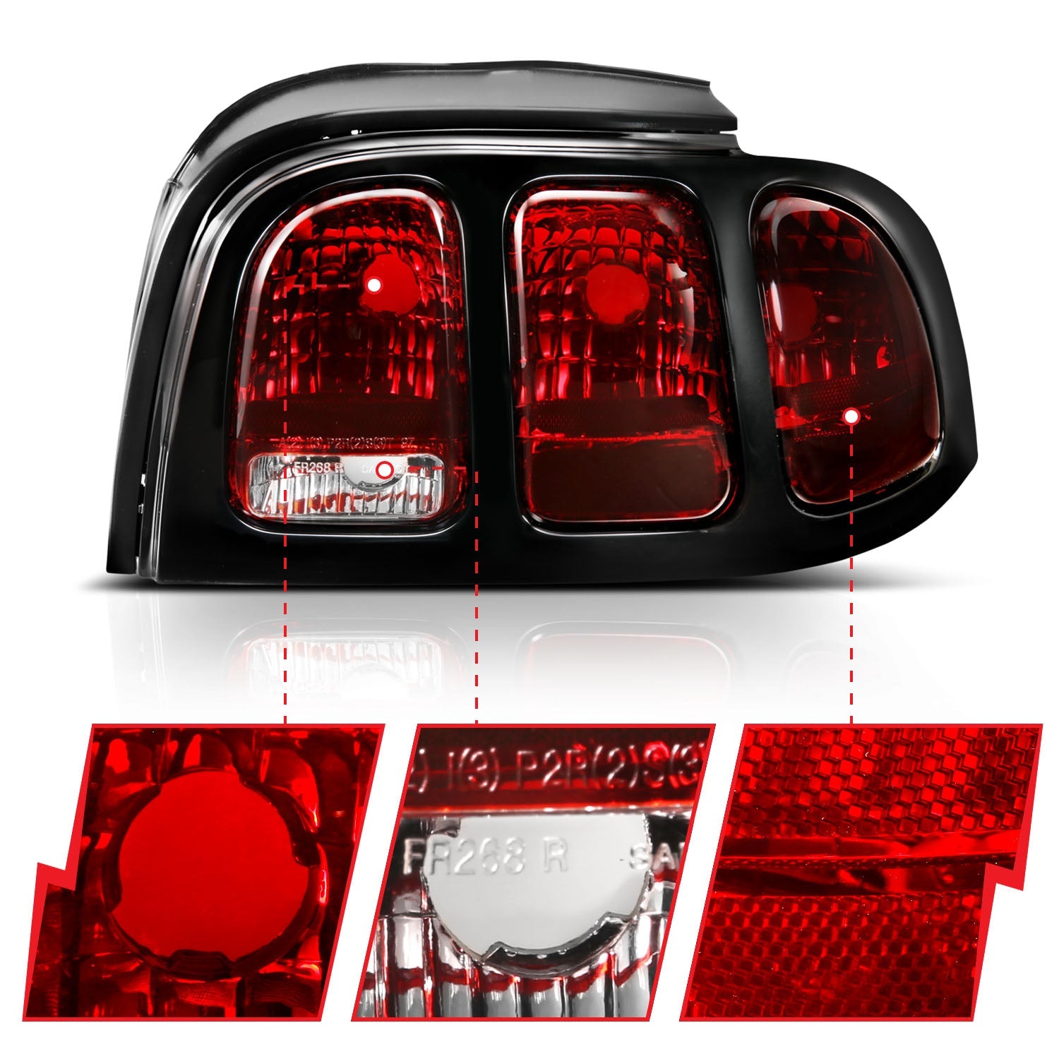 FORD MUSTANG 96-98 TAIL LIGHTS BLACK RED LENS (OE STYLE)
