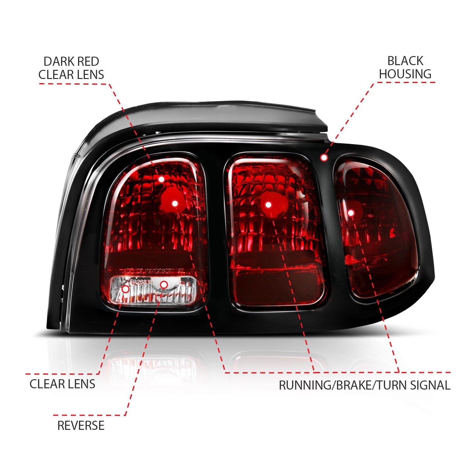FORD MUSTANG 96-98 TAIL LIGHTS BLACK RED LENS (OE STYLE)