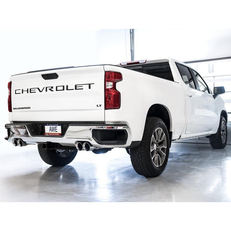 AWE Tuning 4th Gen GM 1500 6.2L 0FG Catback Split Rear Exit (w/ Bumper Cutouts) - Quad Chrome Tips-SR1 Performance
