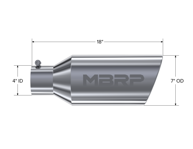 MBRP Universal Tip 7inch O.D. Rolled End 4inch inlet 18inch length - T304 (SINGLE TIP)-SR1 Performance