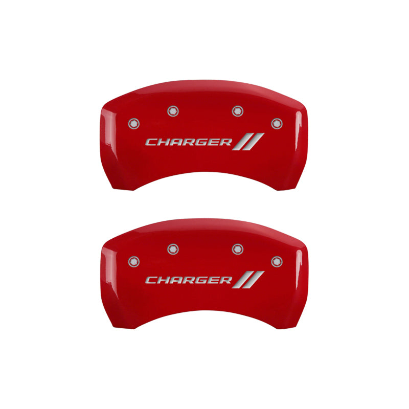 MGP 4 Caliper Covers Engraved Front & Rear With stripes/Charger Red finish silver-SR1 Performance