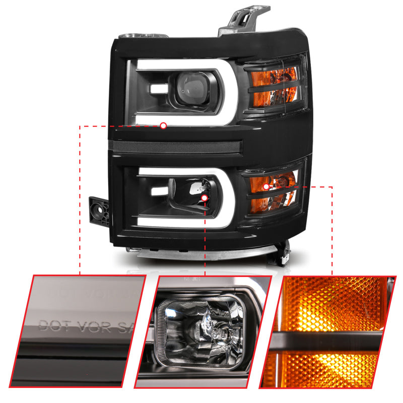 ANZO 14-15 Chevrolet Silverado 1500 Projector Headlights w/ Plank Style Switchback Black w/ Amber-SR1 Performance