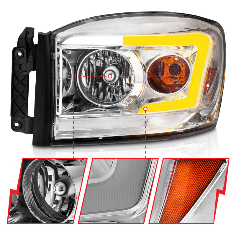 Anzo 06-09 Dodge RAM 1500/2500/3500 Headlights Chrome Housing/Clear Lens (w/Switchback Light Bars)-SR1 Performance