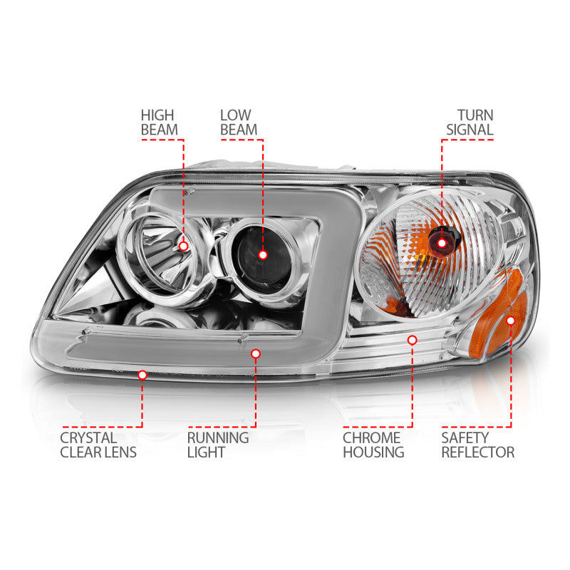 ANZO 1997-2003 Ford F-150 Projector Headlights w/ Light Bar Chrome Housing-SR1 Performance