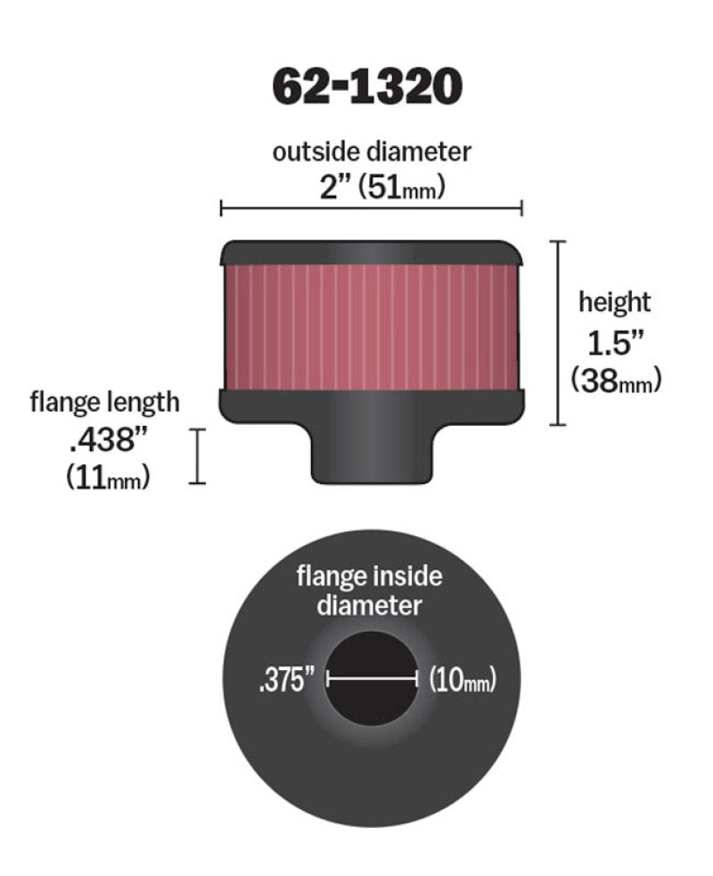 K&N Clamp On Rubber Base Crankcase Vent Filter 0.375in Flange ID x 2in OD x 1.5in Height-SR1 Performance