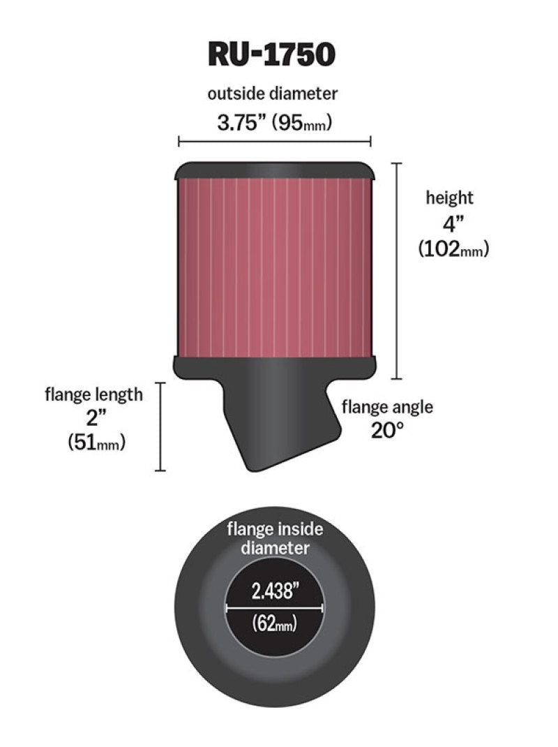 K&N Filter Universal Rubber Round Straight Filter 20 Deg Angled 2-7/16in Flange 3-3/4in OD 4in H-SR1 Performance
