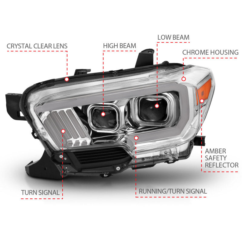 ANZO 2016-2017 Toyota Tacoma Projector Headlights w/ Plank Style Design Chrome/Amber w/ DRL-SR1 Performance