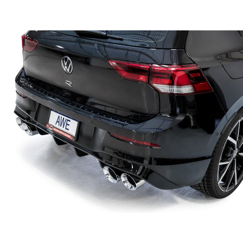 AWE MK8 Volkswagen Golf R 3in Touring Edition Quad Exhaust - Chrome Silver Tips-SR1 Performance