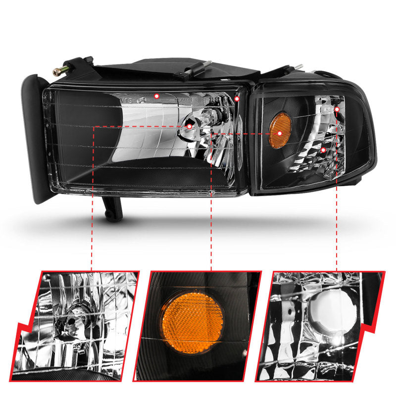 ANZO 1994-2001 Dodge Ram Crystal Headlights Black-SR1 Performance