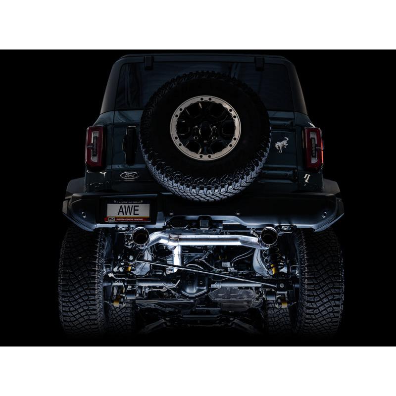 AWE Tuning 2021+ Ford Bronco 0FG Dual Rear Exit Exhaust w/Chrome Silver Tips & Bash Guard-SR1 Performance