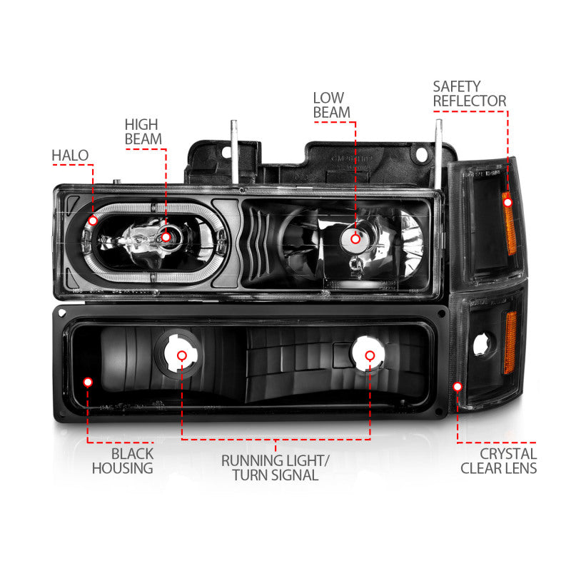 ANZO 88-98 Chevrolet C1500 Crystal Headlight Set with Black Housing and Clear Lens