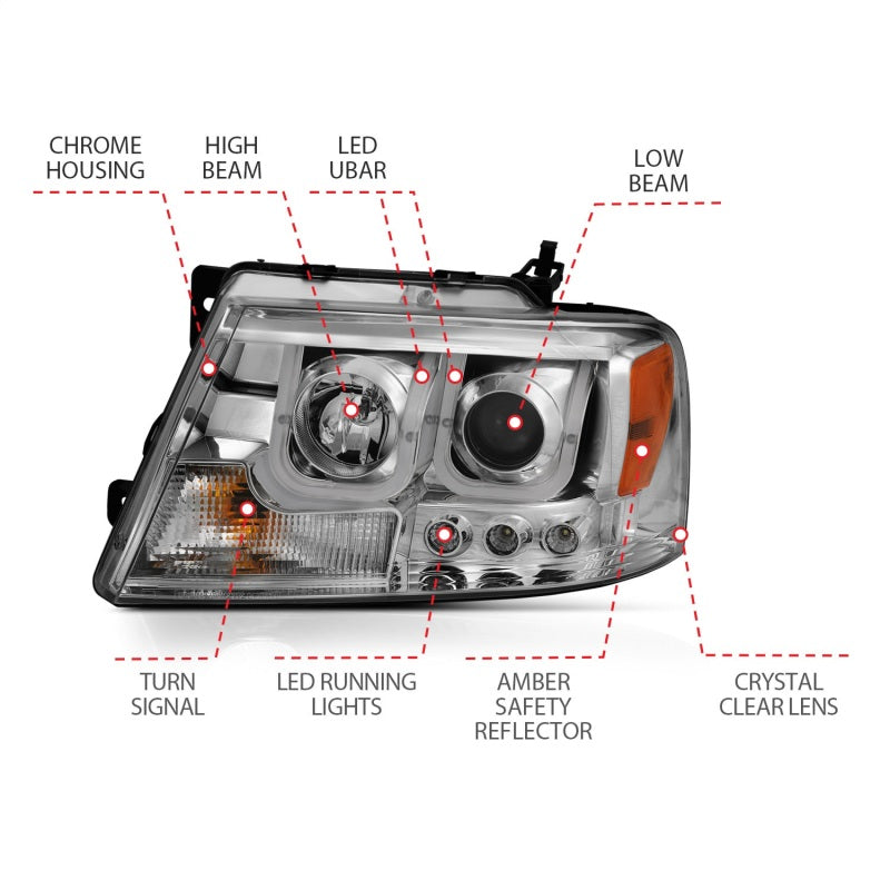 ANZO 2004-2008 Ford F-150 Projector Headlights w/ U-Bar Chrome-SR1 Performance