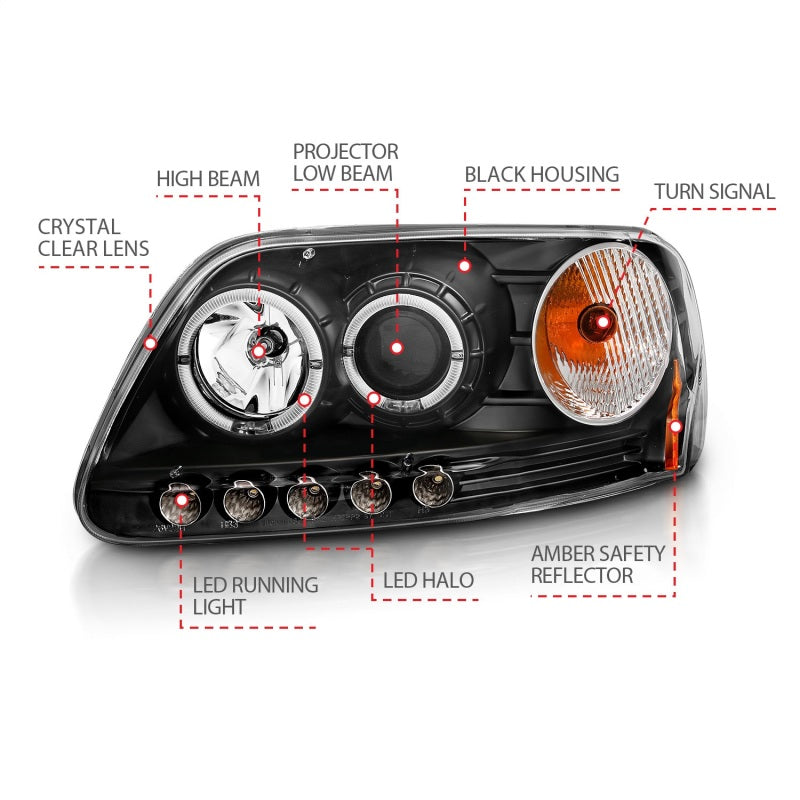 ANZO 1997.5-2003 Ford F-150 Projector Headlights w/ Halo and LED Black 1pc-SR1 Performance