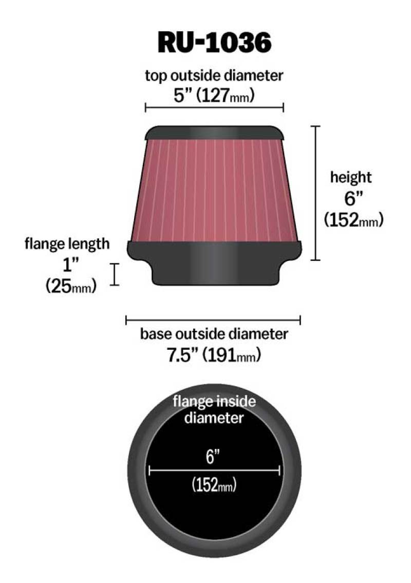 K&N Universal Clamp-On Air Filter 6in FLG / 7-1/2in B / 5in T / 6in H-SR1 Performance