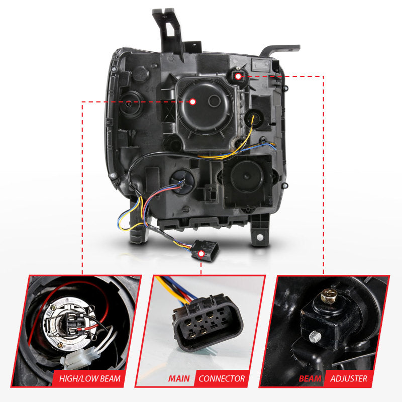 ANZO 2014-2015 GMC Sierra 1500 Projector Headlights w/ Light Bar Black Housing (Halogen Type)-SR1 Performance