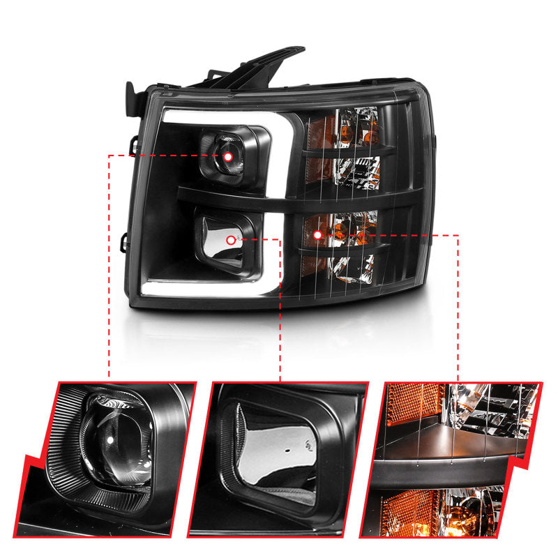 ANZO 07-13 Chevrolet Silverado 3500 Projector Headlights - Black Amber-SR1 Performance