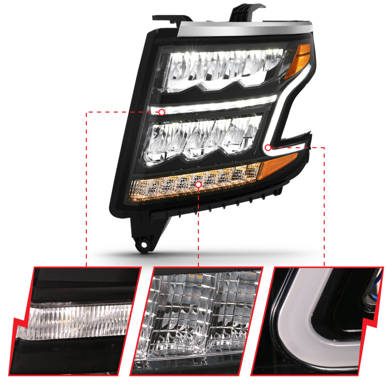 ANZO 15-20 Chevy Tahoe/Suburban LED Light Bar Style Headlights Black w/Sequential w/DRL w/Amber-SR1 Performance