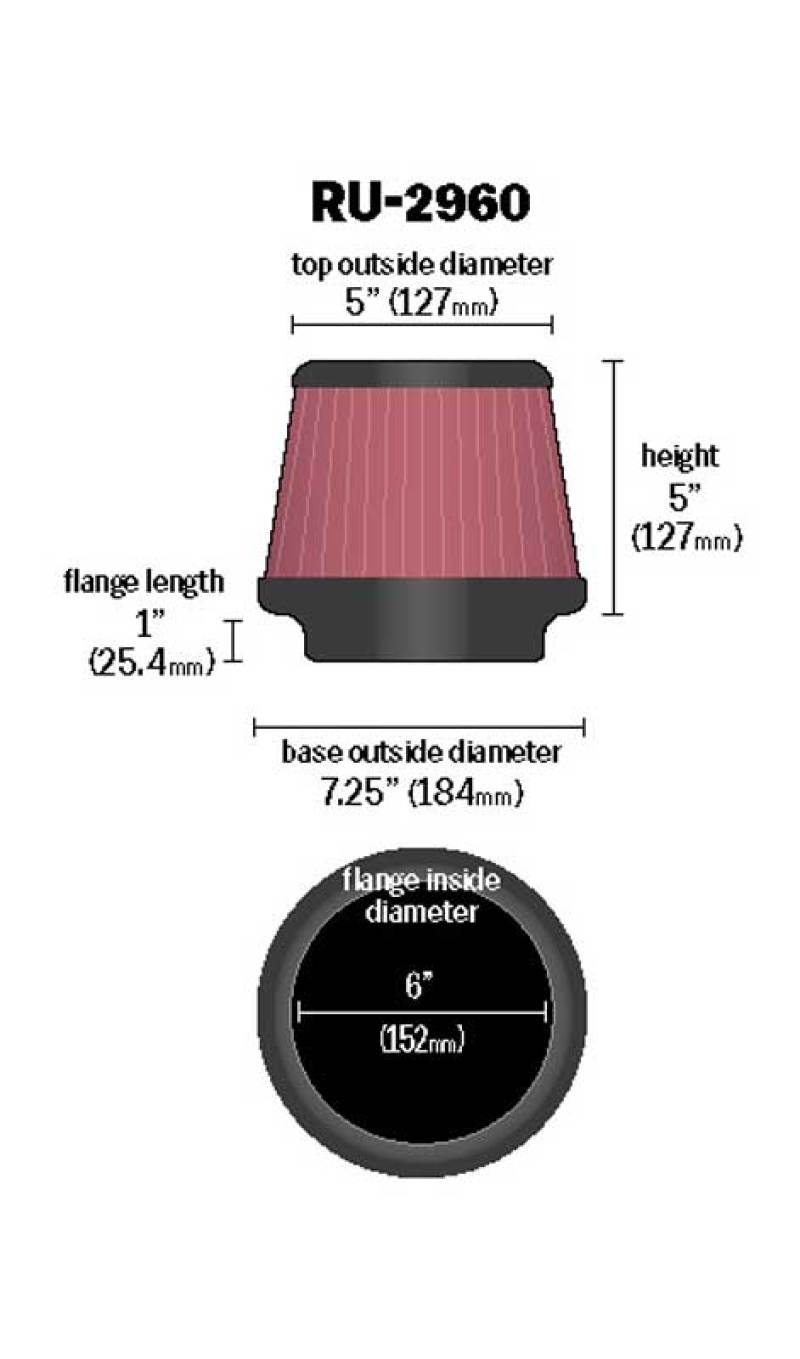 K&N Universal Tapered Filter 6in Flange ID x 7.5in Base OD x 5in Top OD x 5in Height-SR1 Performance