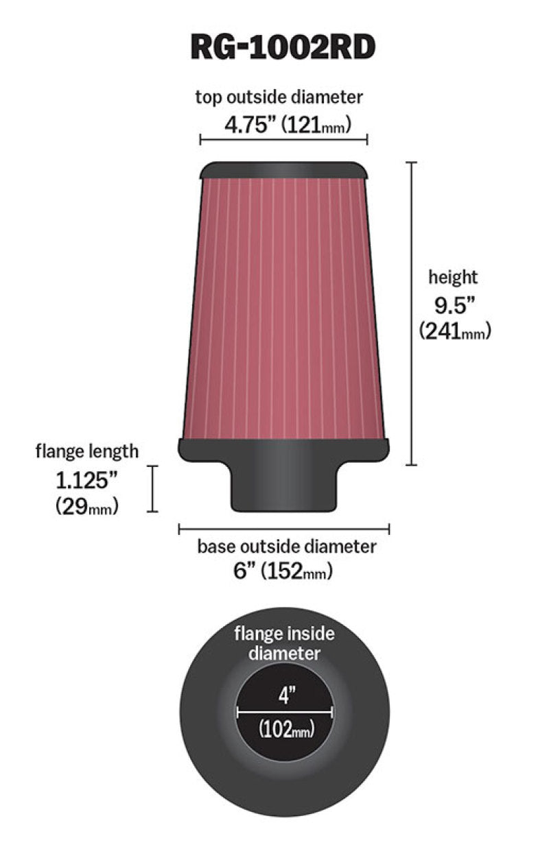 K&N Universal Air Filter Chrome Round Tapered Red - 4in Flange ID x 1.125in Flange Length x 9.5in H-SR1 Performance