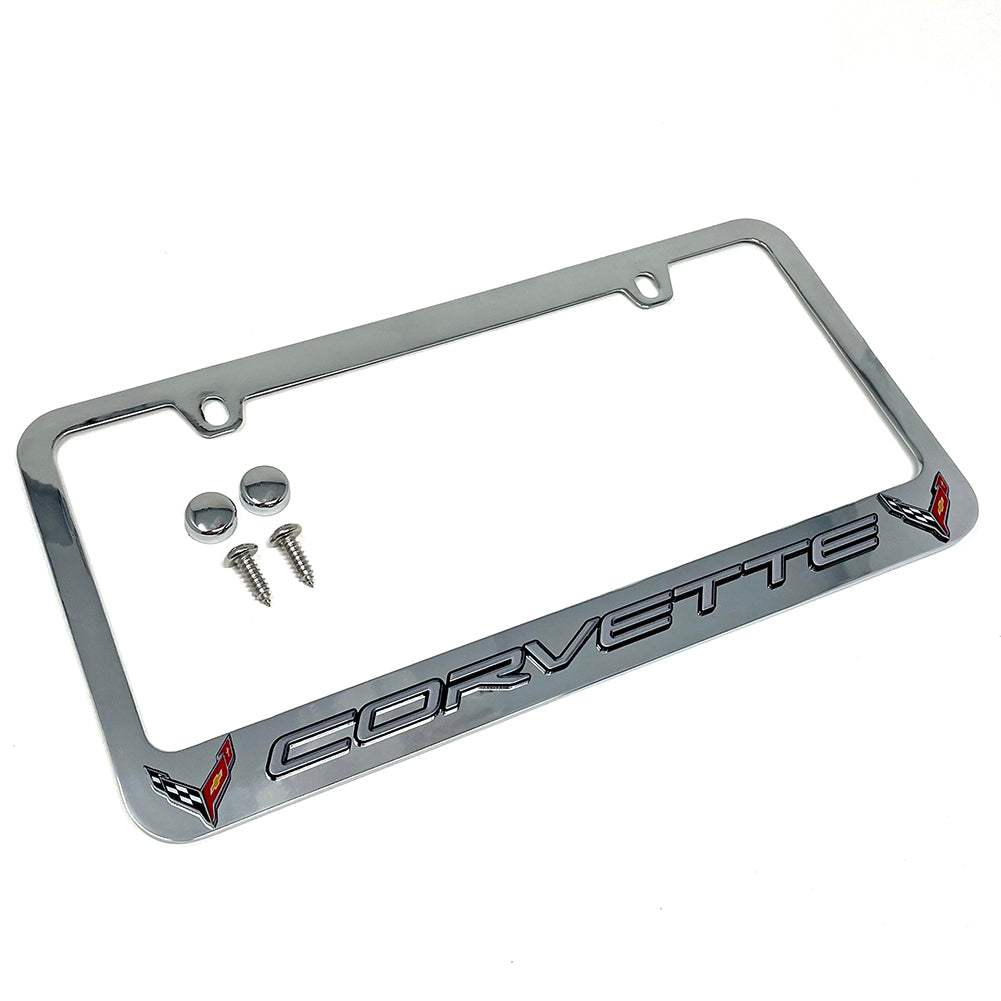 C8 Corvette License Plate Frame - Chrome with C8 Crossed Flags Logo-SR1 Performance