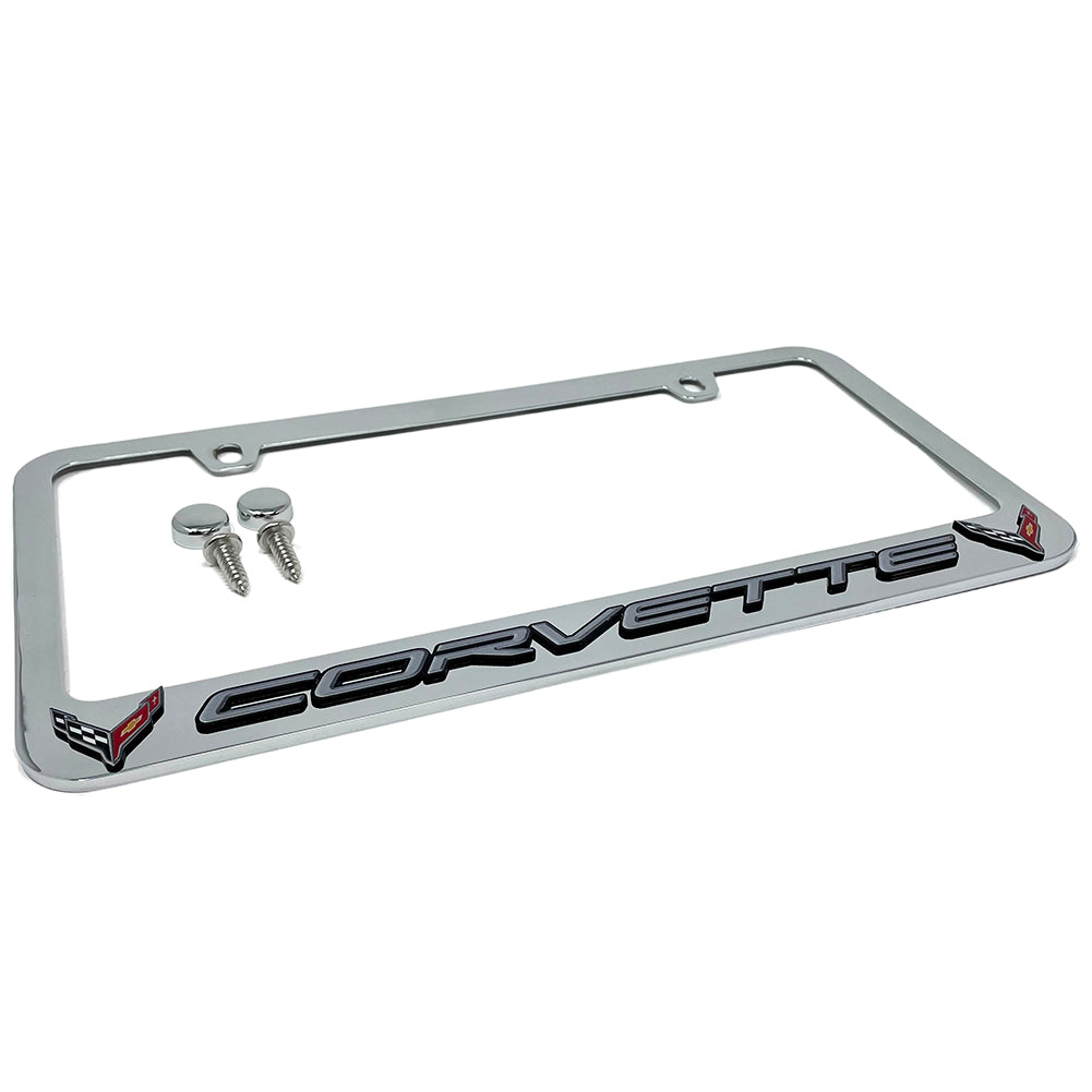 C8 Corvette License Plate Frame - Chrome with C8 Crossed Flags Logo-SR1 Performance
