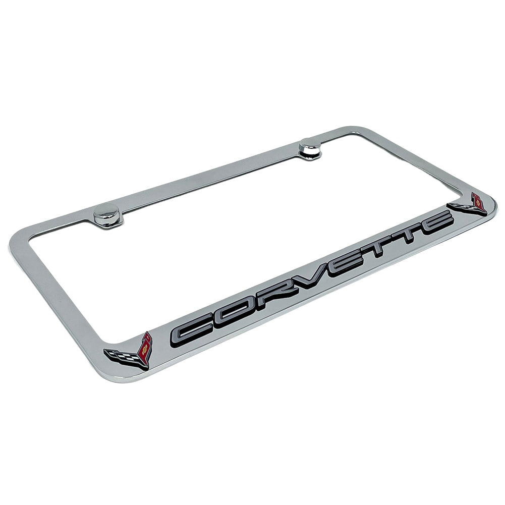 C8 Corvette License Plate Frame - Chrome with C8 Crossed Flags Logo-SR1 Performance