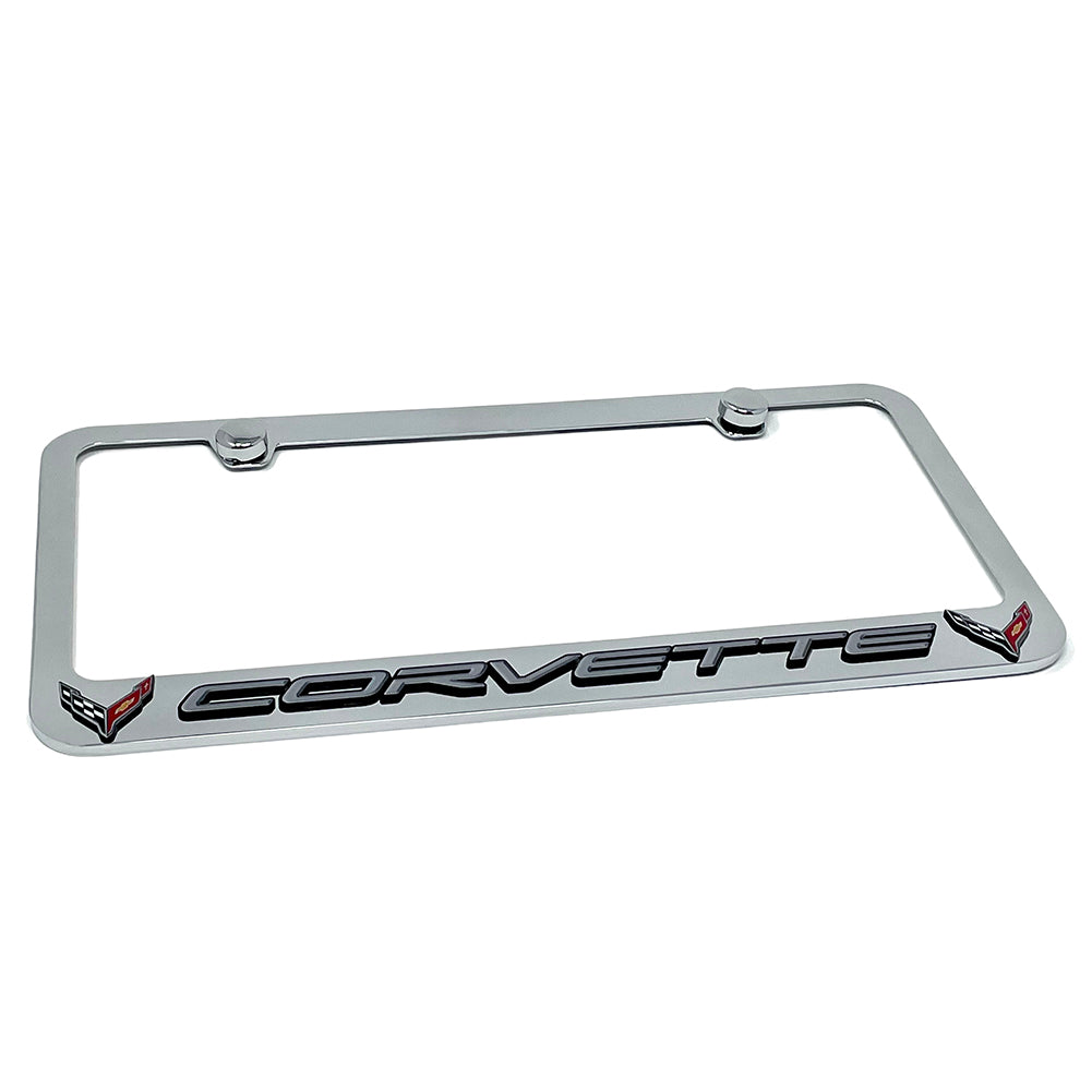 C8 Corvette License Plate Frame - Chrome with C8 Crossed Flags Logo-SR1 Performance