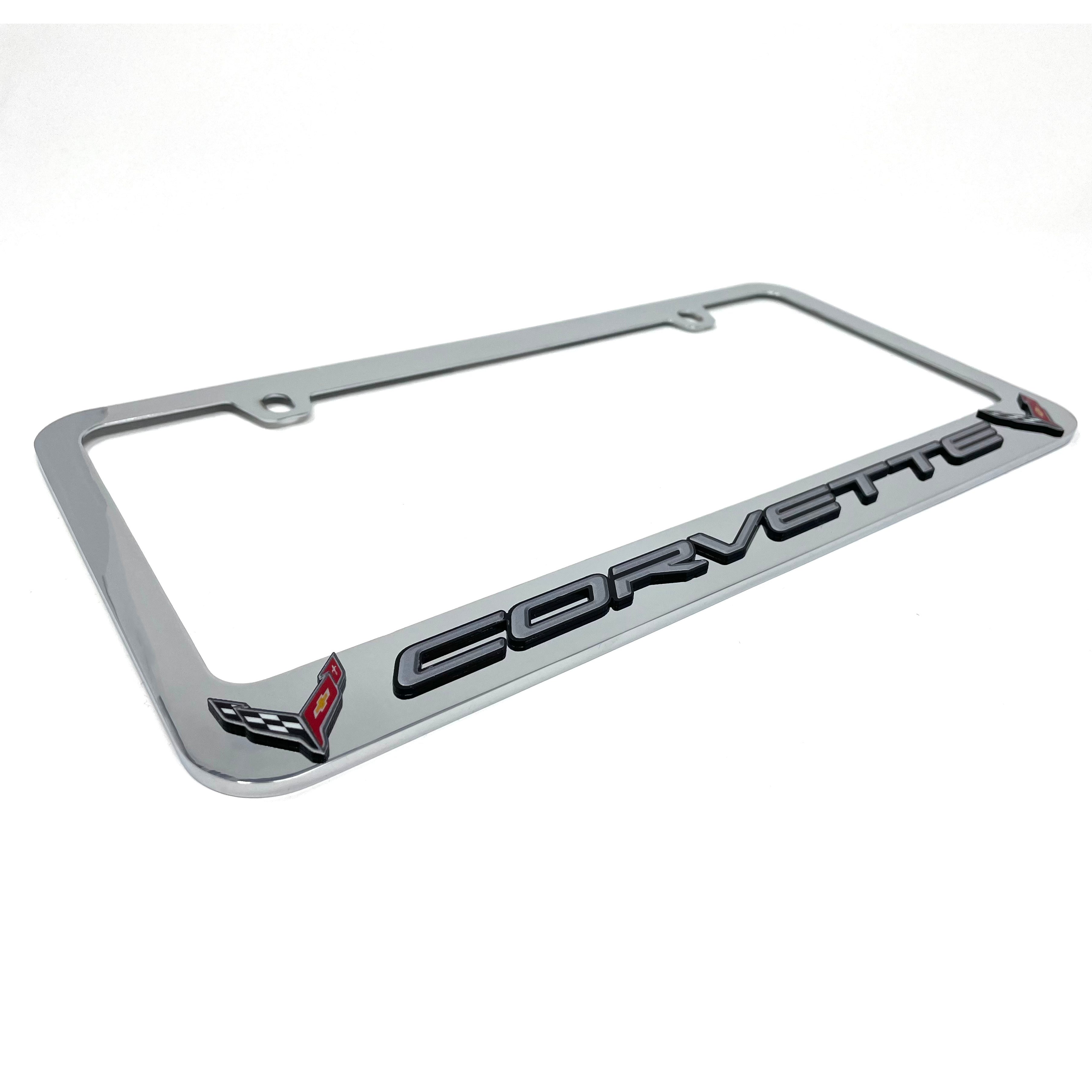 C8 Corvette License Plate Frame - Chrome with C8 Crossed Flags Logo-SR1 Performance