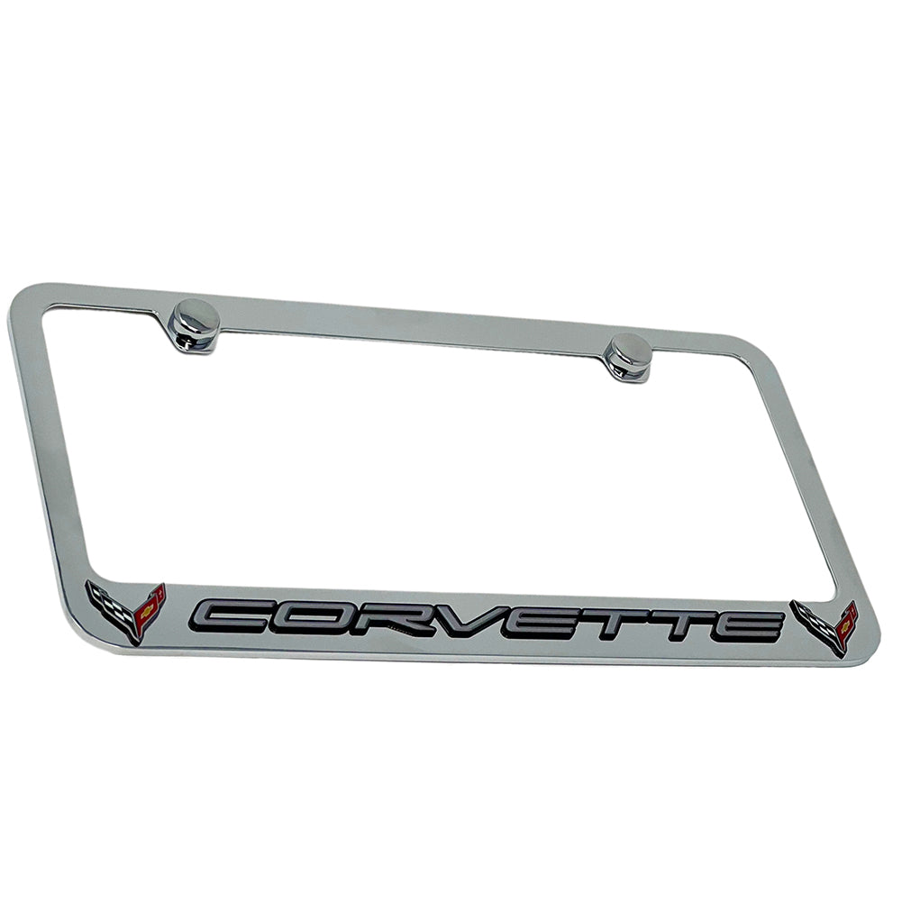 C8 Corvette License Plate Frame - Chrome with C8 Crossed Flags Logo-SR1 Performance