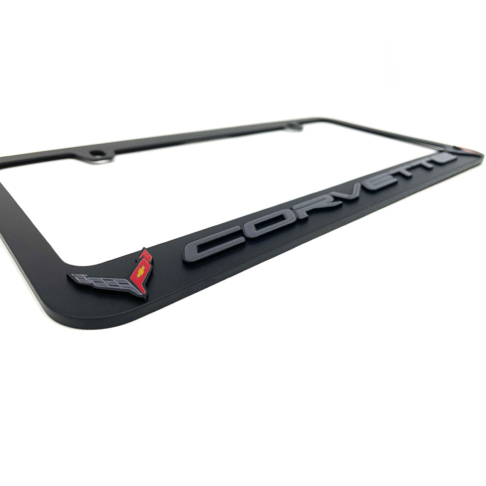 C8 Corvette License Plate Frame - Black with C8 Crossed Flags Logo-SR1 Performance