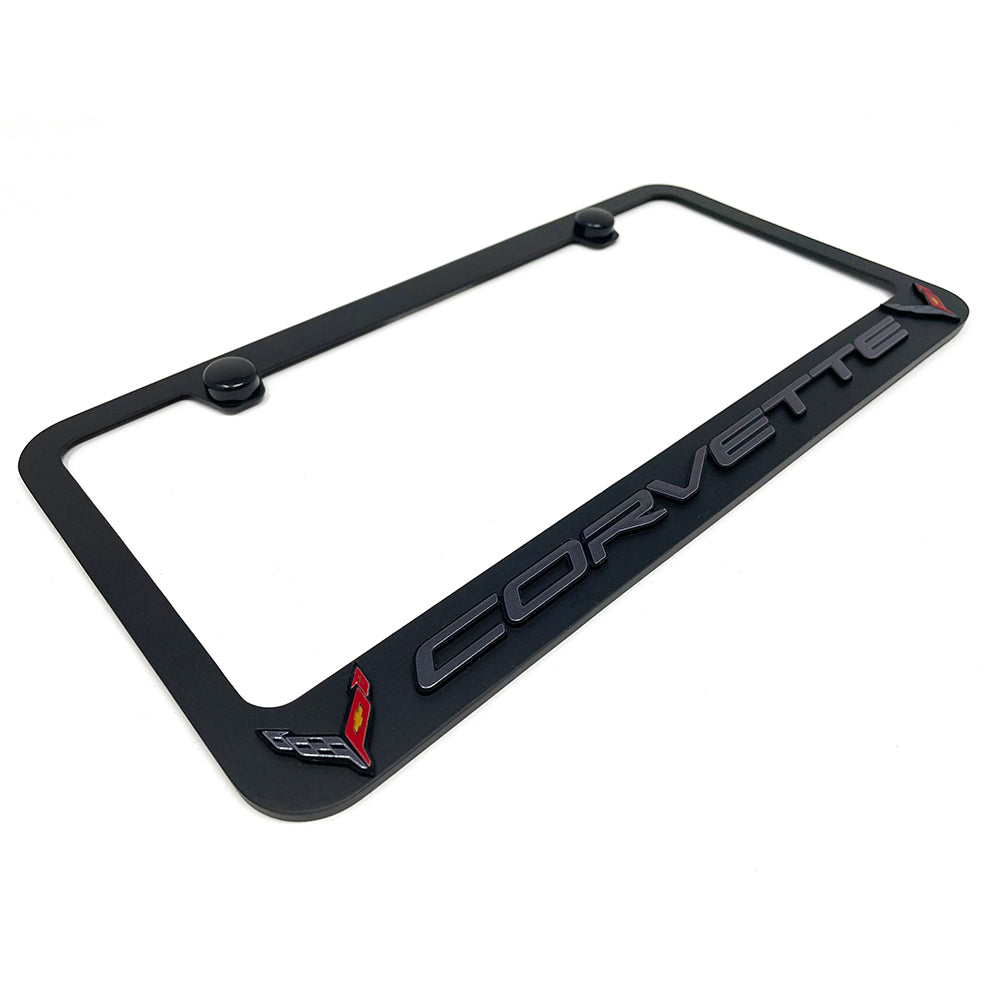 C8 Corvette License Plate Frame - Black with C8 Crossed Flags Logo-SR1 Performance