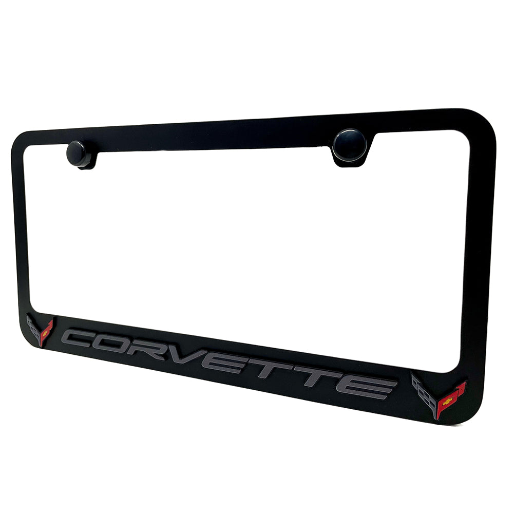 C8 Corvette License Plate Frame - Black with C8 Crossed Flags Logo-SR1 Performance