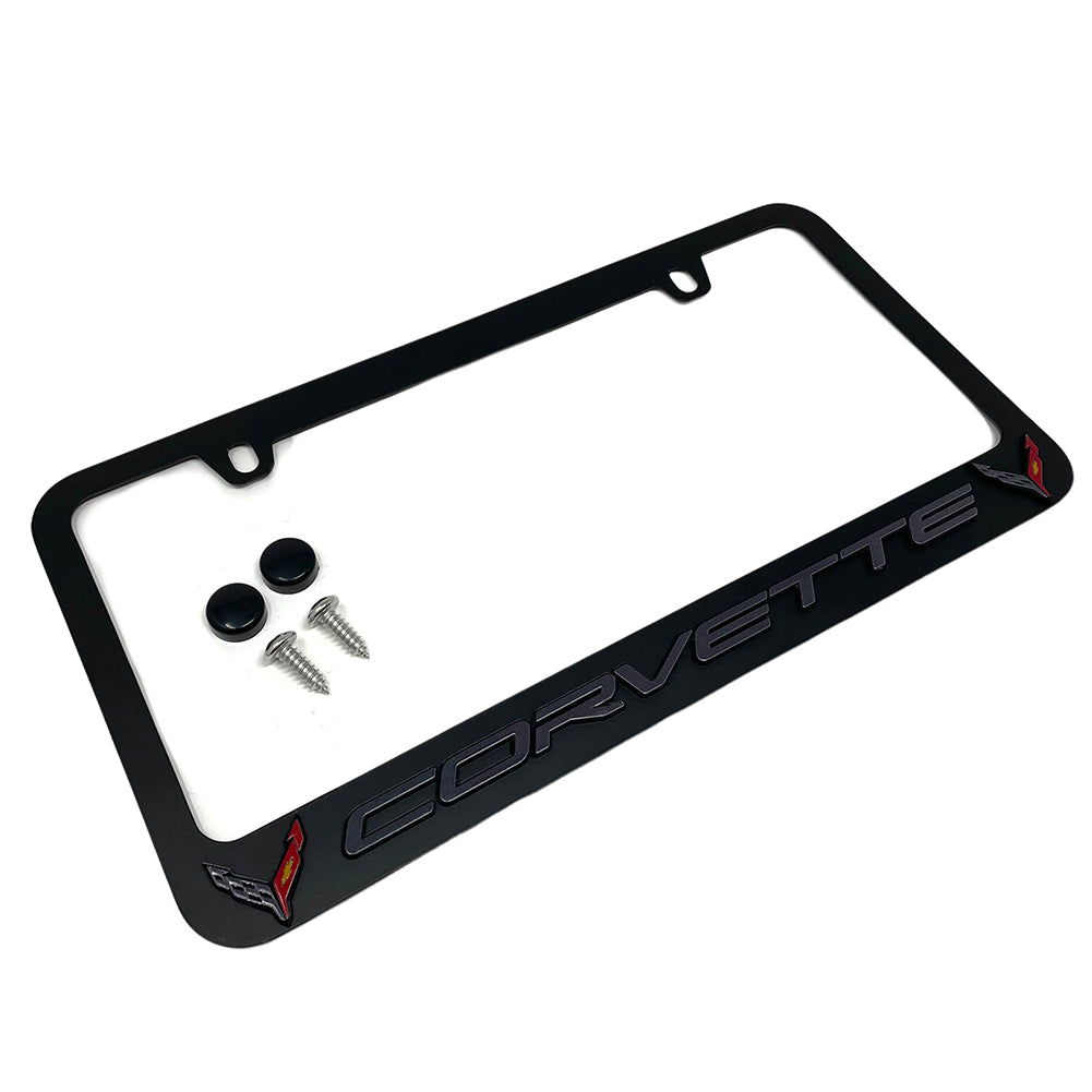 C8 Corvette License Plate Frame - Black with C8 Crossed Flags Logo-SR1 Performance