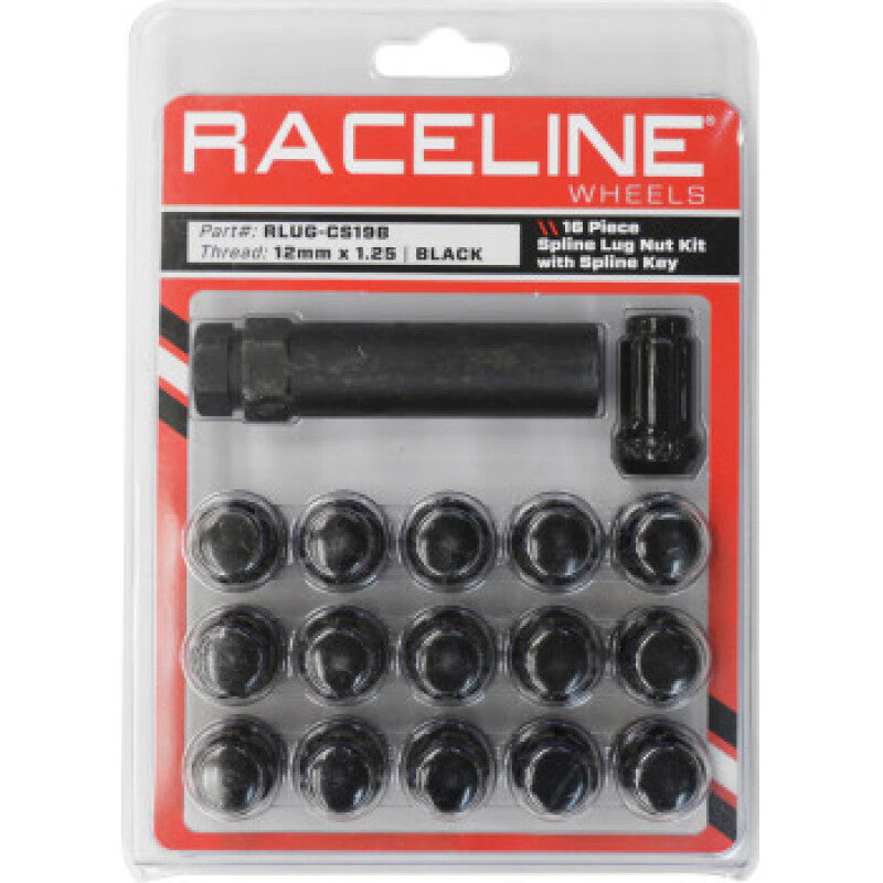Raceline Spline Lug Nut Kit with Spline Key 12 x 1.25 - Black, 16 Pack