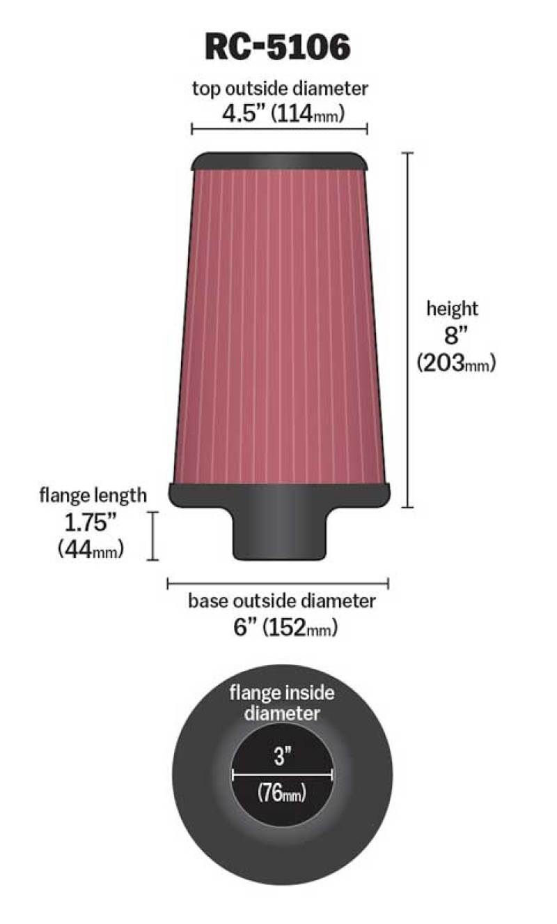 K&N Universal ChromeRound Tapered Air Filter 3in Flange ID / 6in Base OD / 4.5in Top OD / 8in Height-SR1 Performance