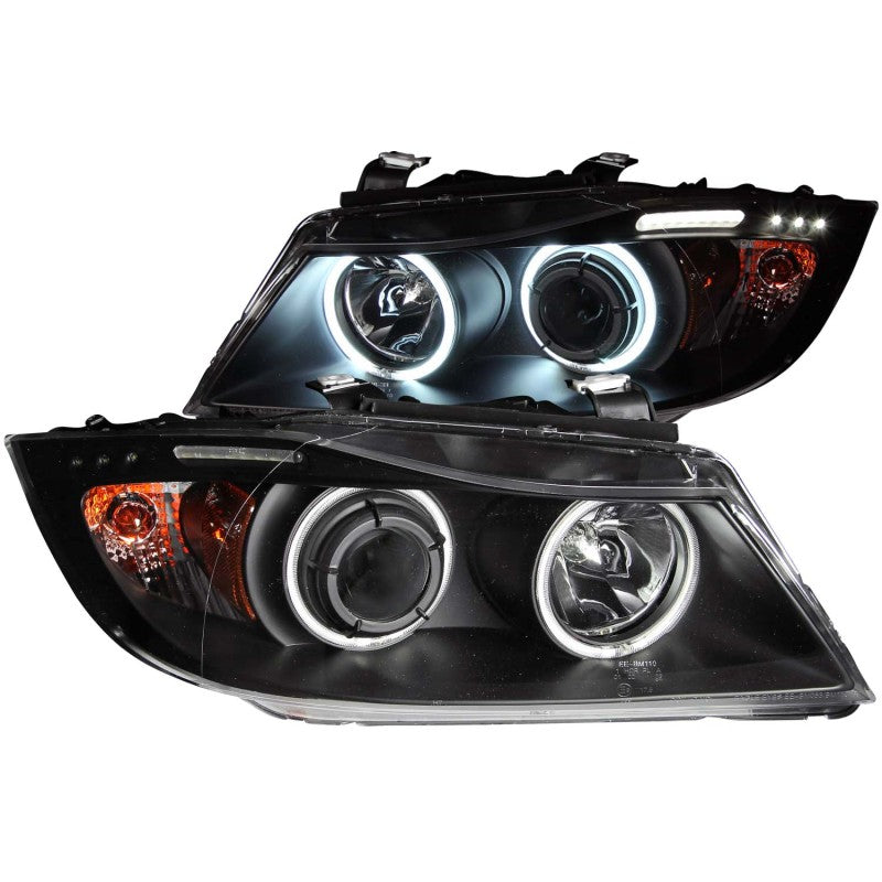ANZO 2006-2008 BMW 3 Series E90-E91 Projector Headlights w/ Halo w/ LED Bar Black (CCFL)-SR1 Performance