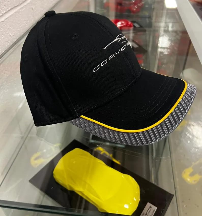 C8 Corvette Carbon Fiber Gesture Logo Hat - Black with Yellow Stripe