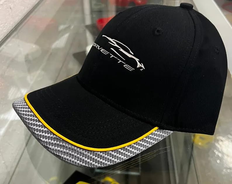 C8 Corvette Carbon Fiber Gesture Logo Hat - Black with Yellow Stripe