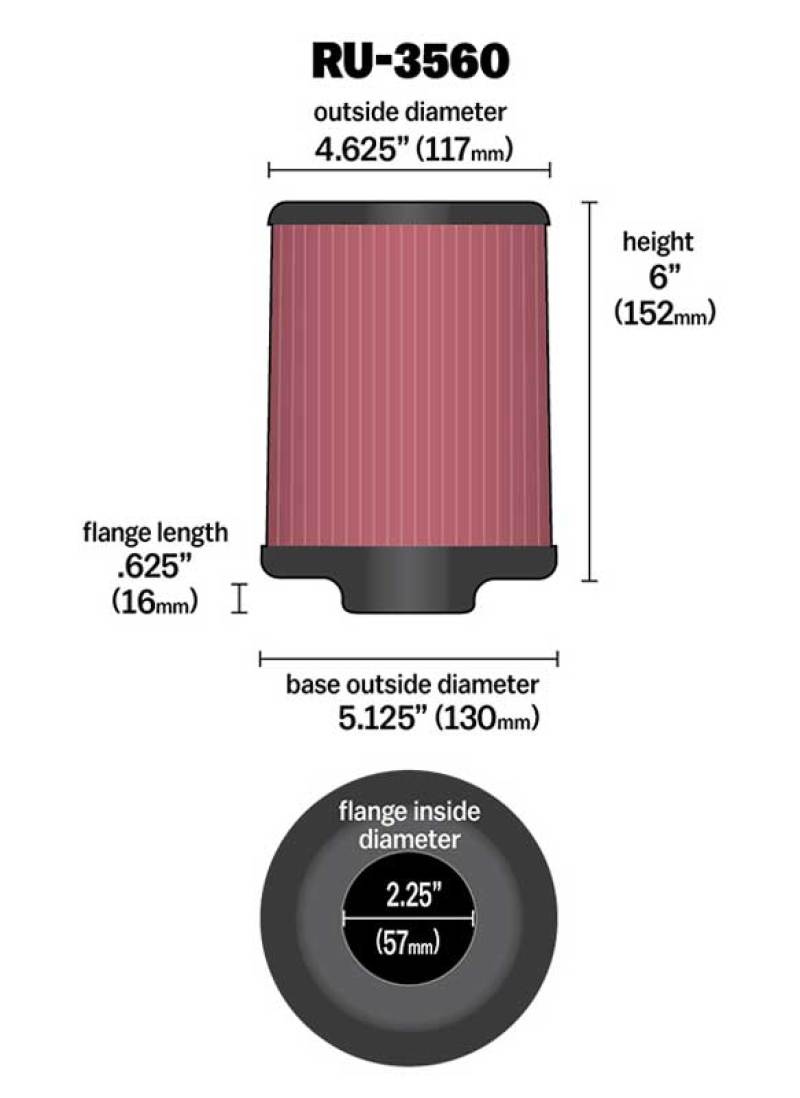 K&N Universal Rubber Filter 2-1/4in FLG x 5-1/8in Base x 4-5/8in Top x 6in Height-SR1 Performance