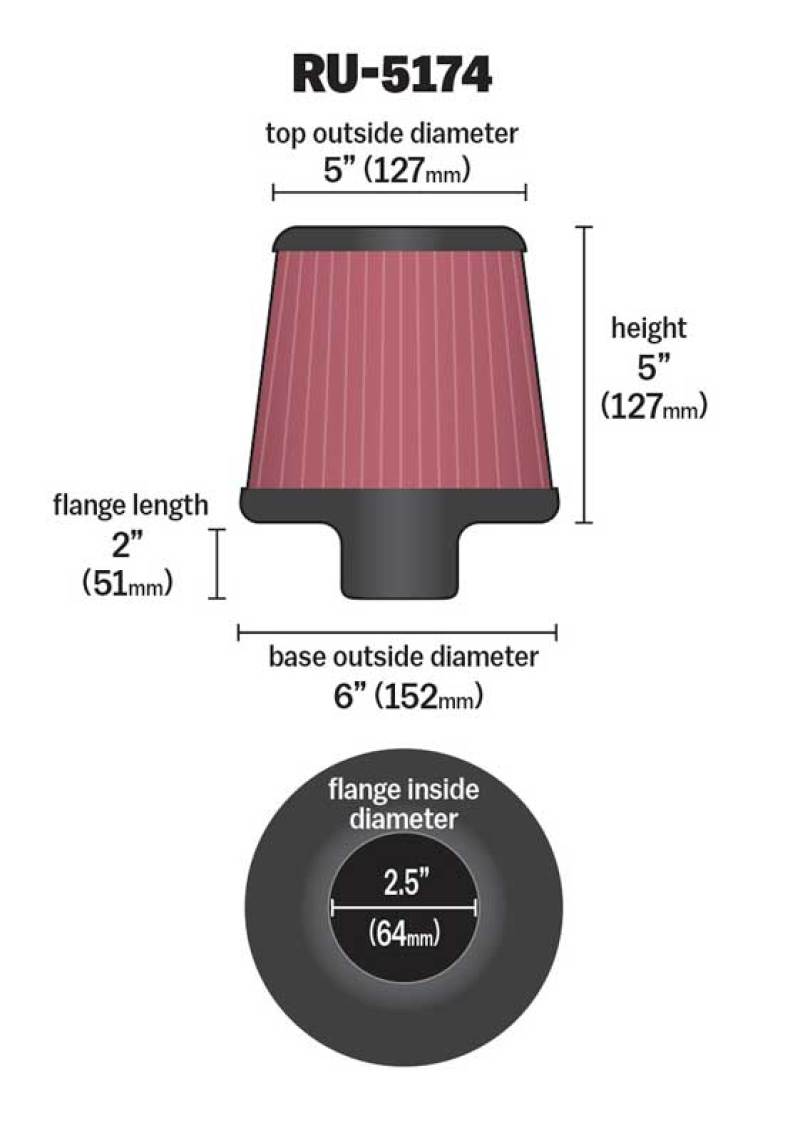 K&N Universal Rubber Filter-Round Tapered 2.5in Flange ID x 6in Base OD x 5in Top OD x 5in Height-SR1 Performance