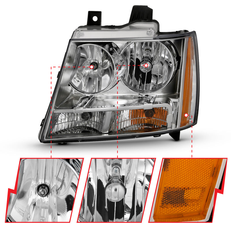 ANZO 2007-2014 Chevy TahOE Crystal Headlight Chrome Amber(OE)-SR1 Performance