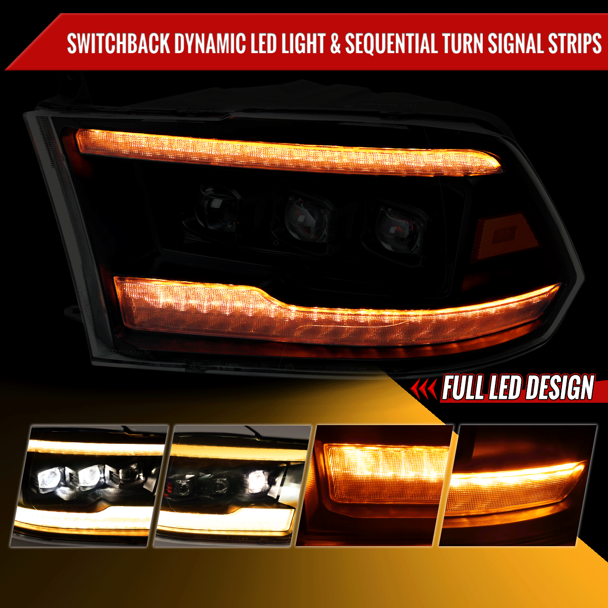 2009-2018 Dodge RAM 1500 / 2019 RAM Classic / 2010-2018 RAM 2500 3500 Projector Headlights w/ Amber LED Sequential Turn Signal (Matte Black Housing/Clear Lens)