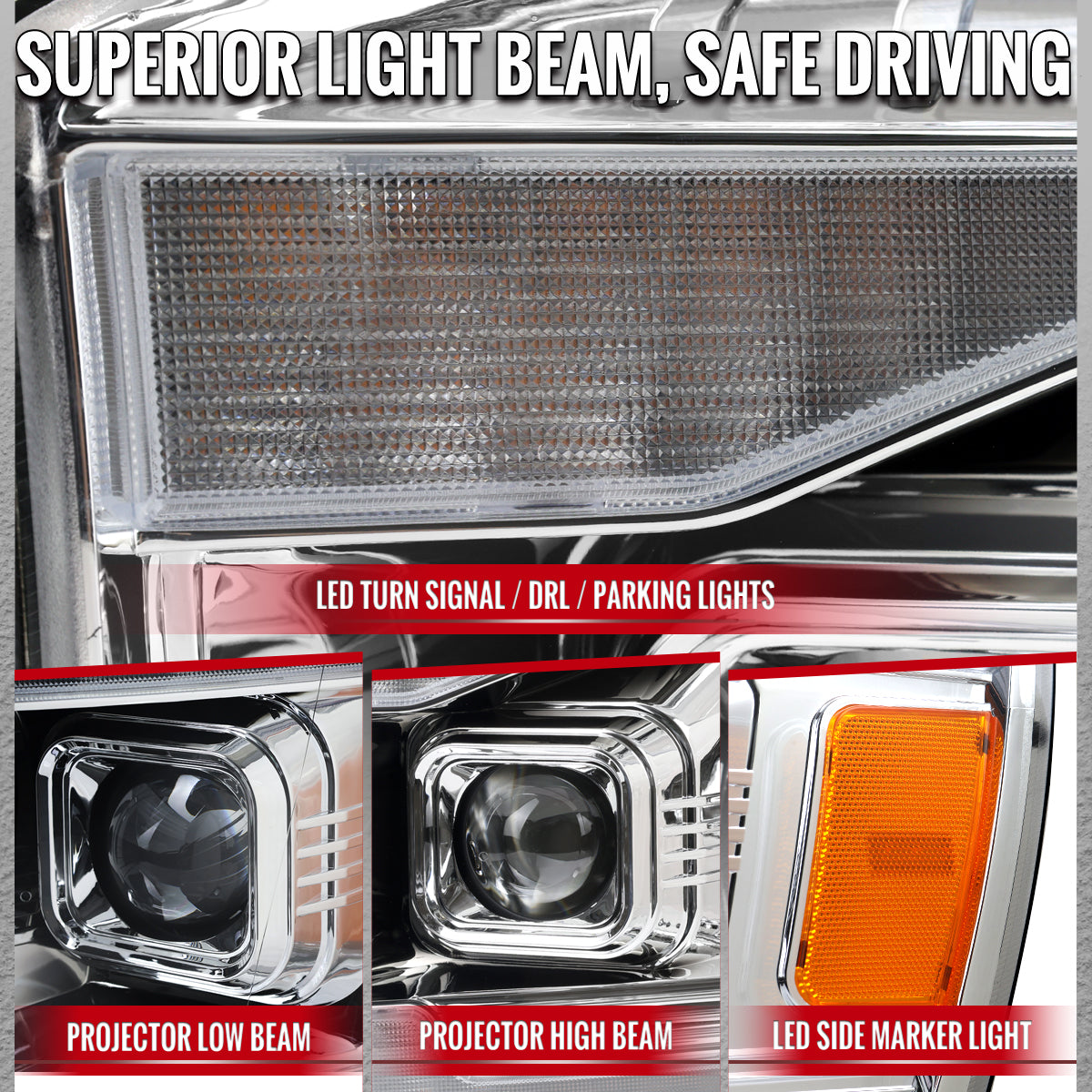 2006–2008 Dodge RAM 1500 / 2006–2009 RAM 2500 3500 Projector Headlights with Switchback Amber LED Strips, Sequential Turn Signals, DRL & Startup Animation (Chrome Housing / Clear Lens)