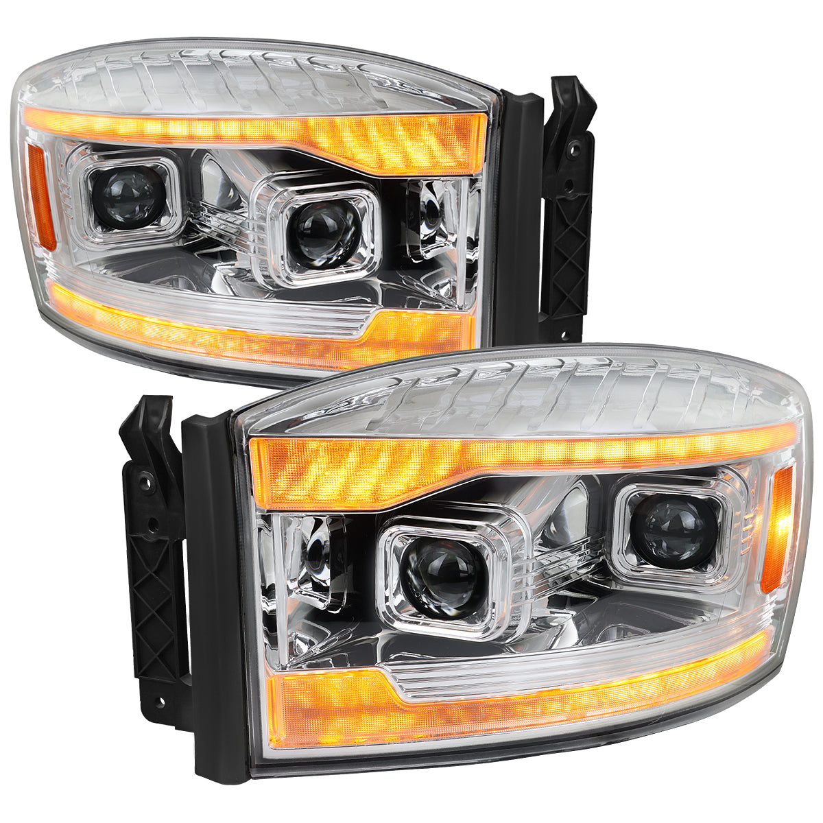 2006–2008 Dodge RAM 1500 / 2006–2009 RAM 2500 3500 Projector Headlights with Switchback Amber LED Strips, Sequential Turn Signals, DRL & Startup Animation (Chrome Housing / Clear Lens)