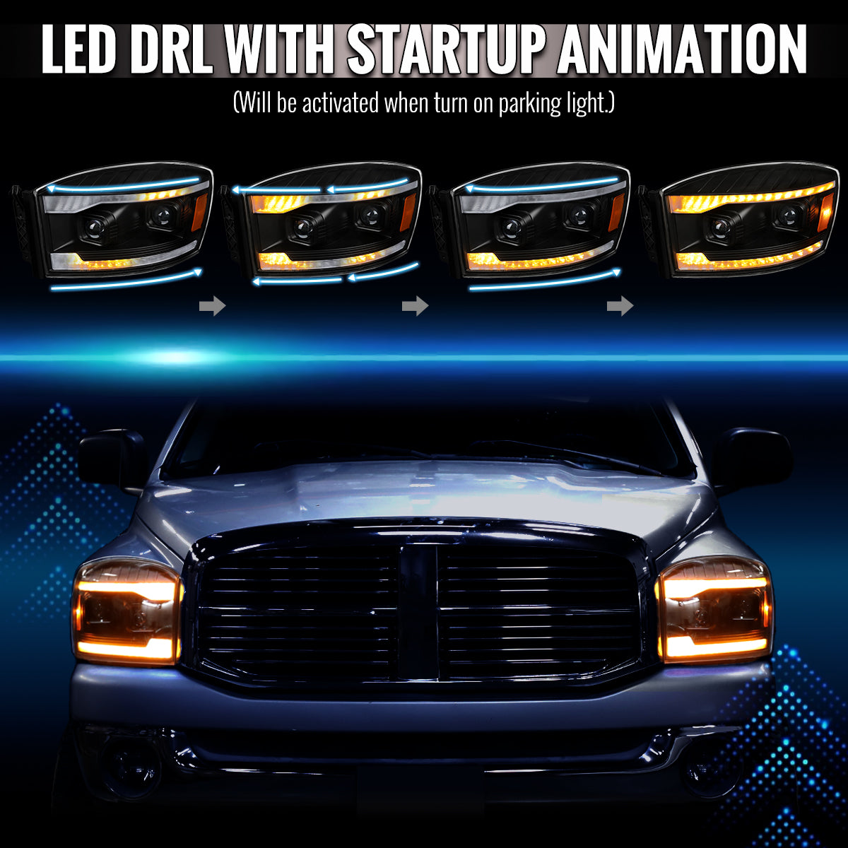 2006–2008 Dodge RAM 1500 / 2006–2009 RAM 2500 3500 Projector Headlights with Switchback Amber LED Strips, Sequential Turn Signals, DRL & Startup Animation (Black Housing / Clear Lens)