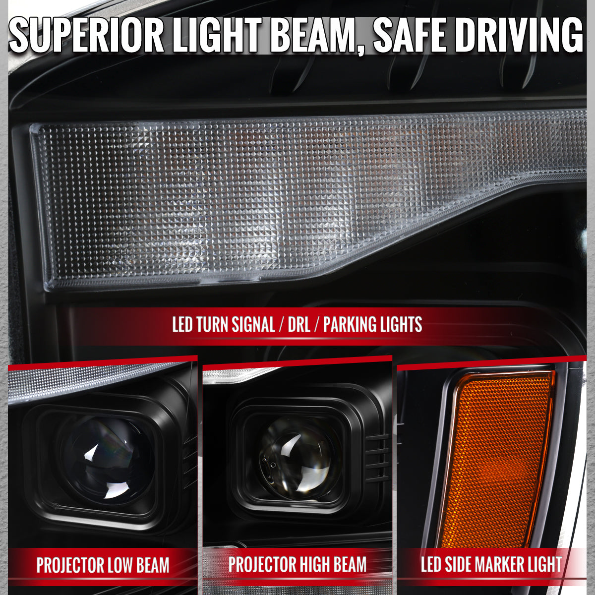 2006–2008 Dodge RAM 1500 / 2006–2009 RAM 2500 3500 Projector Headlights with Switchback Amber LED Strips, Sequential Turn Signals, DRL & Startup Animation (Black Housing / Clear Lens)