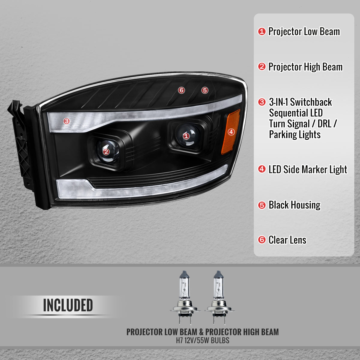 2006–2008 Dodge RAM 1500 / 2006–2009 RAM 2500 3500 Projector Headlights with Switchback Amber LED Strips, Sequential Turn Signals, DRL & Startup Animation (Black Housing / Clear Lens)