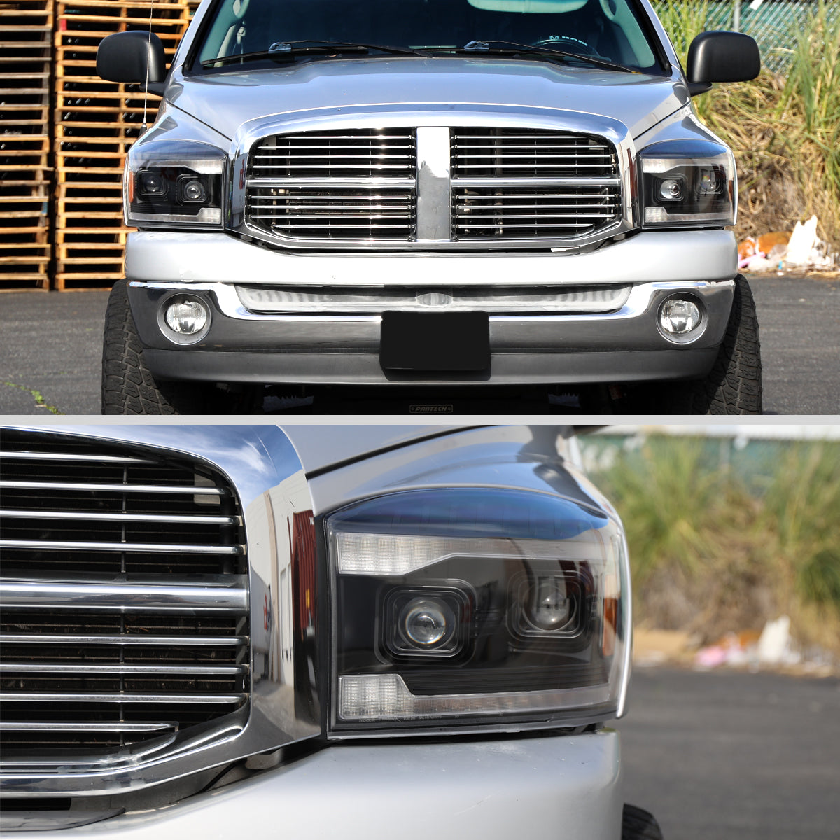 2006–2008 Dodge RAM 1500 / 2006–2009 RAM 2500 3500 Projector Headlights with Switchback Amber LED Strips, Sequential Turn Signals, DRL & Startup Animation (Black Housing / Clear Lens)
